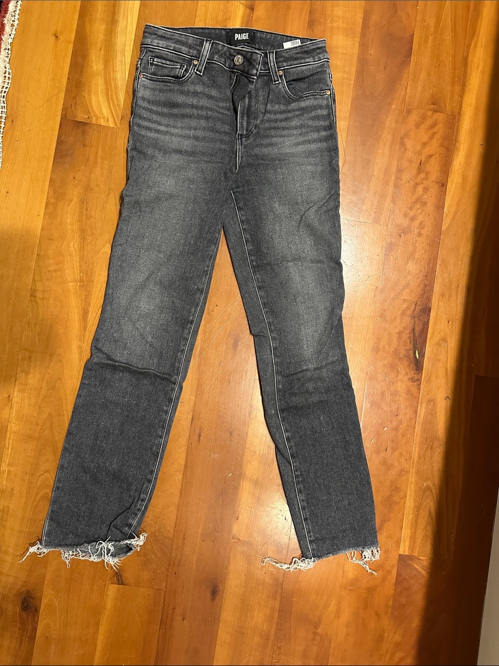 PAIGE Black Washed Cropped Straight Jeans with Frayed Hem